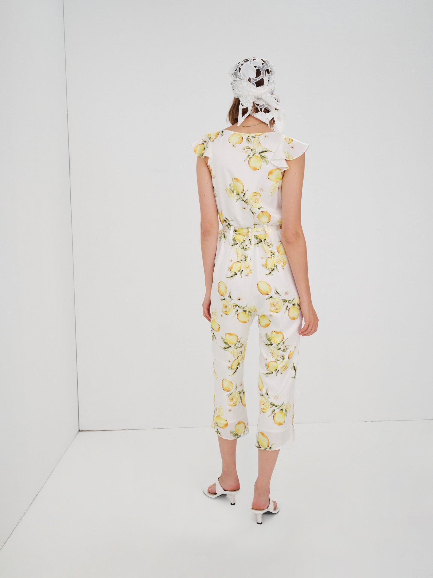 檸檬印花荷葉肩帶排釦連身褲