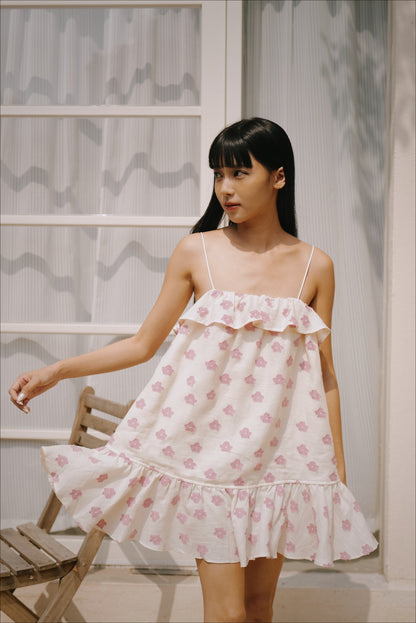粉紅雛菊荷葉棉麻短洋裝